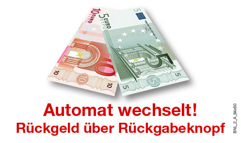 Aufkleber Motiv Nr. 2_A_84x50 "5€/10€ - ATM wechselt, Rückgabeknopf"