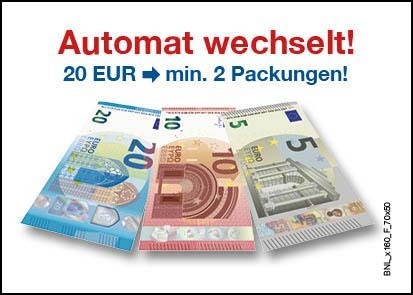 Aufkleber Motiv Nr. x160_F_70x50 "5€/10€/20€ - Mind. 2 Packungen - ATM wechselt"